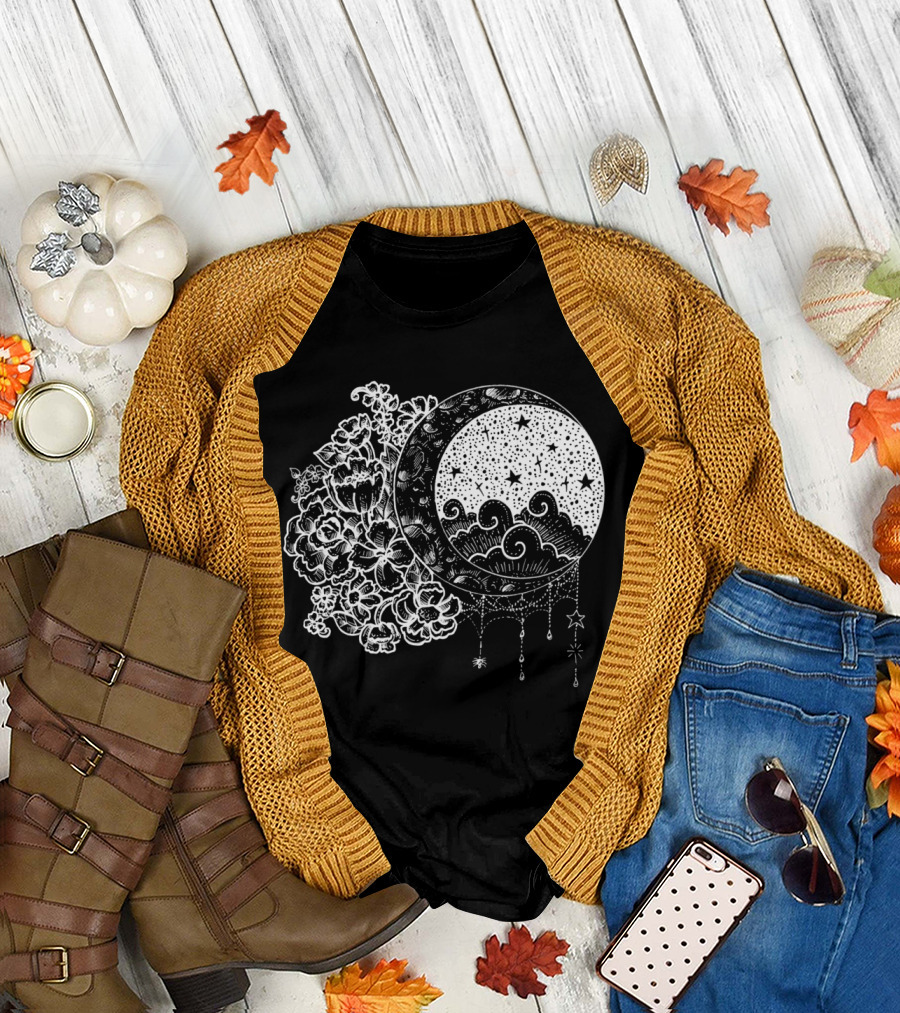 Moonlight Blooms Inverted Moon and Stars T-Shirt