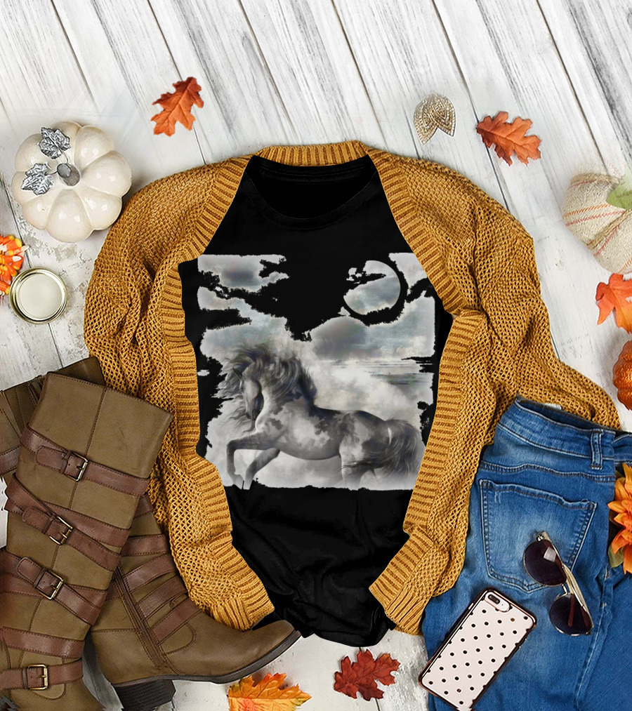 Moonlight Gallop Under Cloudy Night Sky T-Shirt