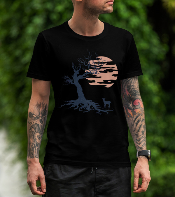 Family Tree Moonlit Deer Scene T-Shirt