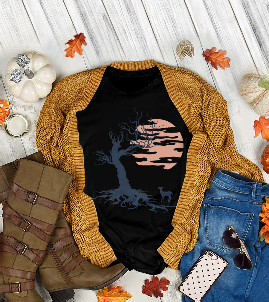 Family Tree Moonlit Deer Scene T-Shirt