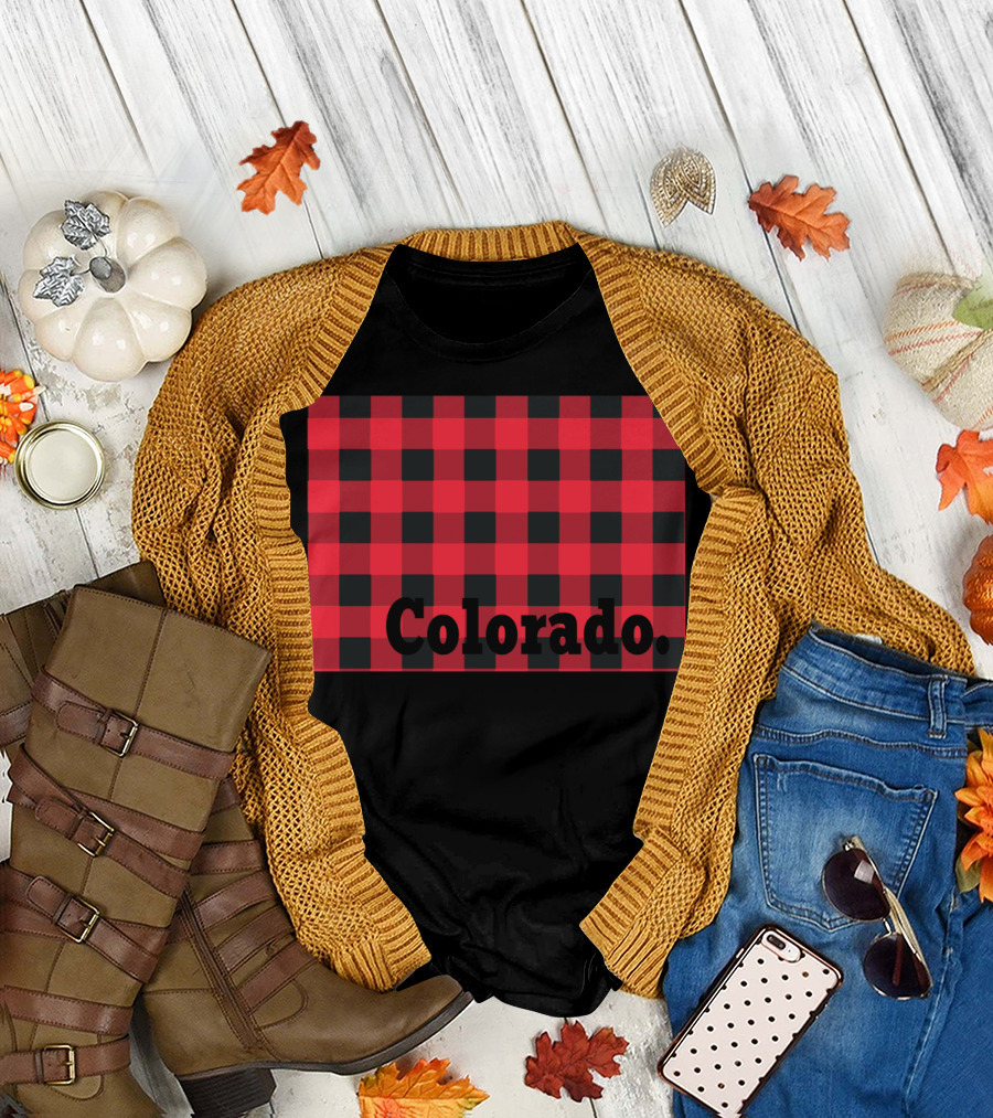 Red and Black Checkered Colorado Text T-Shirt