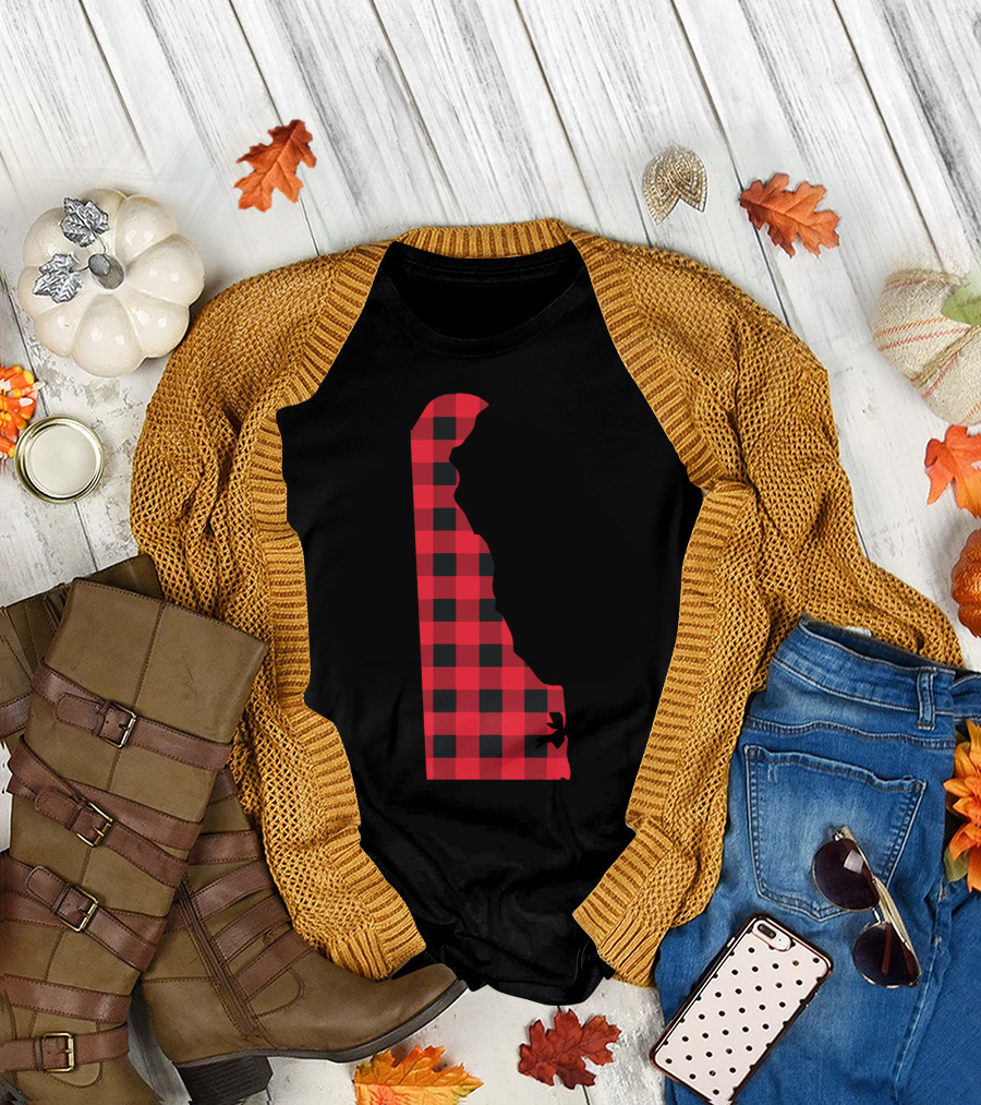 Red and Black Checkered Delaware State Outline T-Shirt