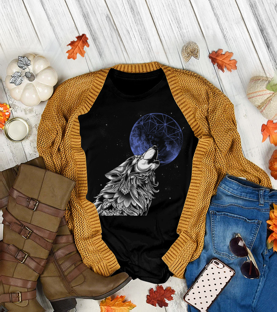 Moonwolf Howling at Geometric Blue Moon T-Shirt