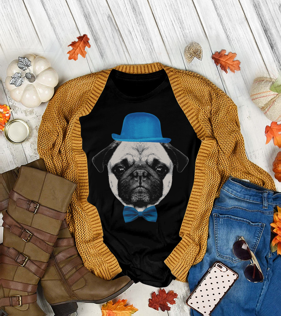 Pug with Blue Hat and Bow Tie Mops or French Bulldog Puppy T-Shirt