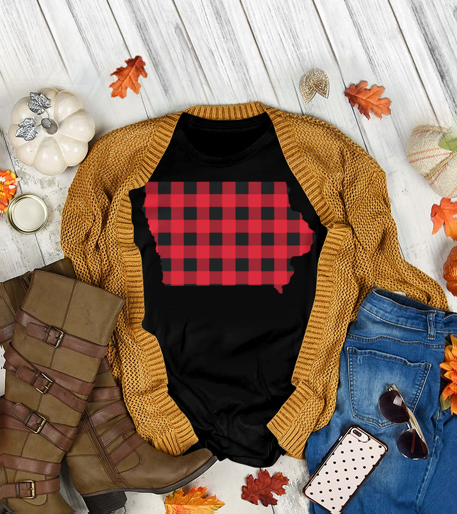 Red And Black Checkered State Map Iowa Plaid T-Shirt