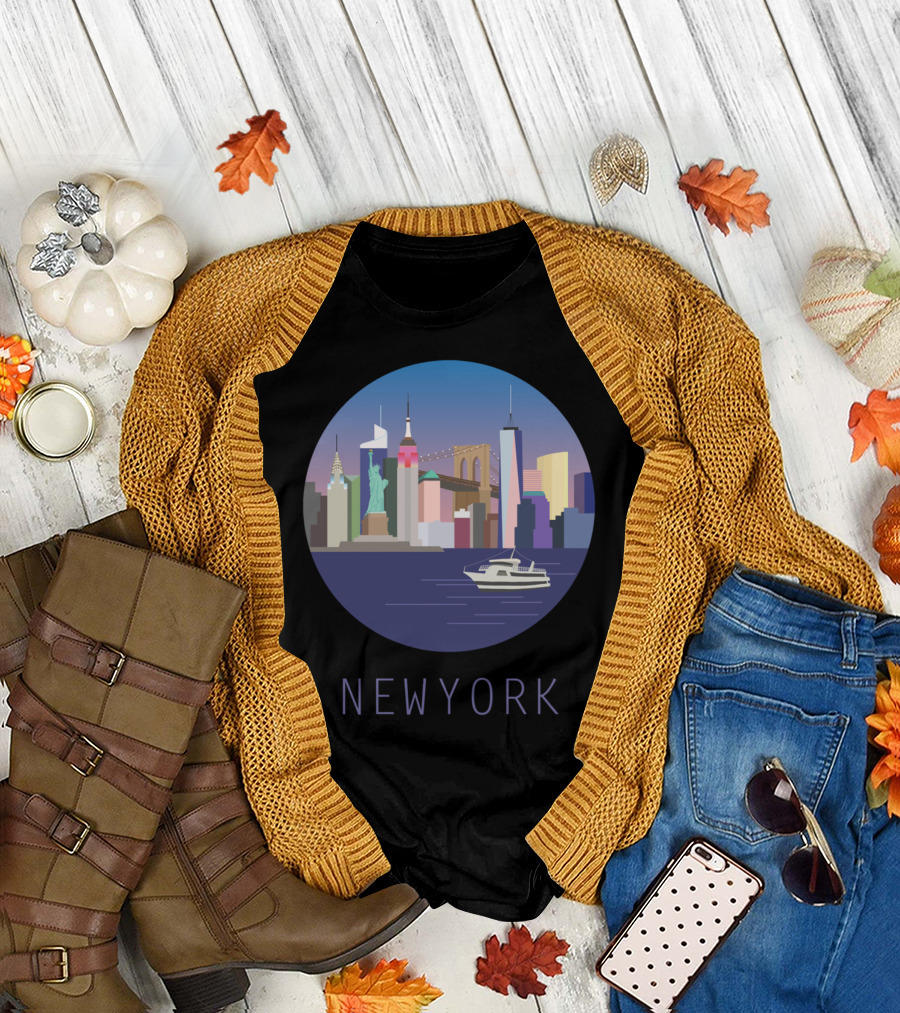 New York Skyline with Statue of Liberty and Brooklyn Bridge T-Shirt