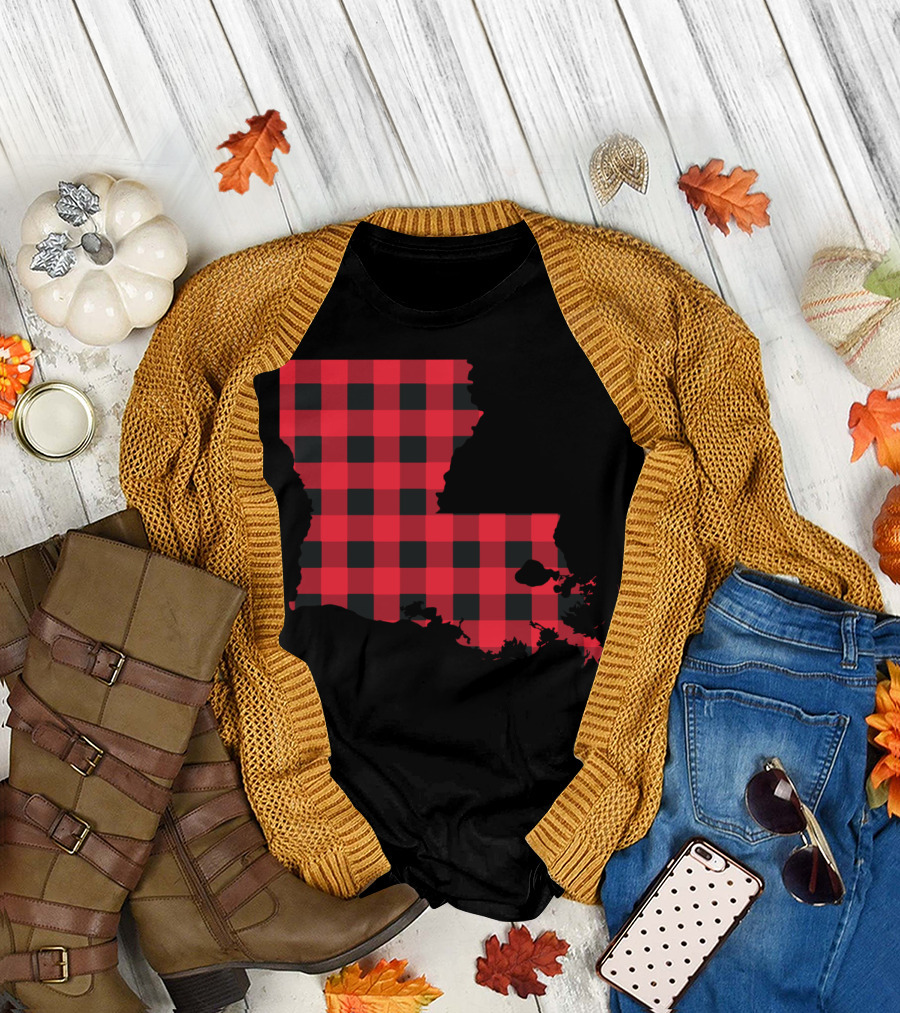Red and Black Checkered Louisiana Map T-Shirt
