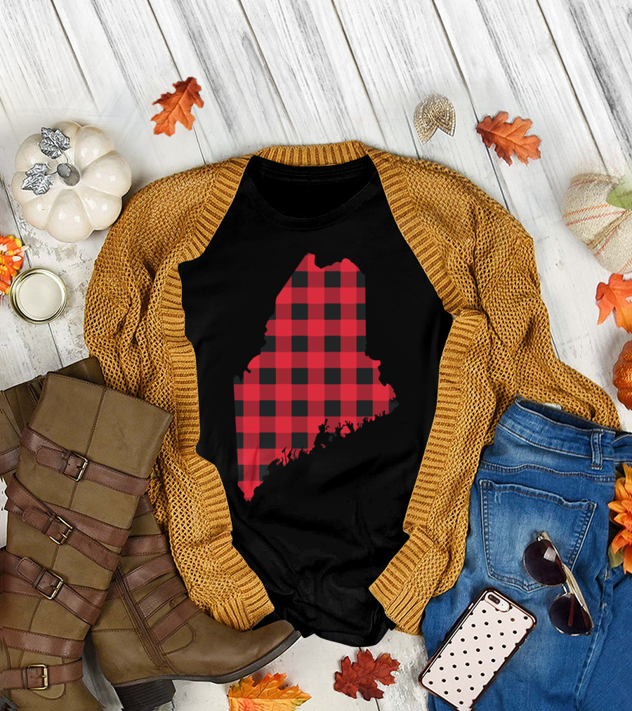 Maine State Silhouette Red and Black Buffalo Checkered T-Shirt