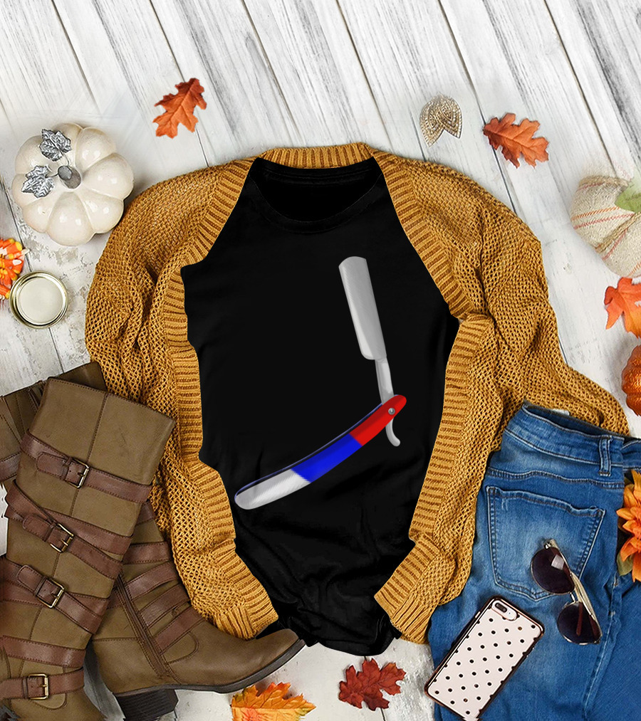 Straight Razor Barber Shop Red White Blue Handle T-Shirt
