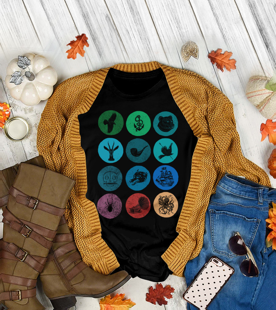 Weird Collector Icons: Owl, Anchor, Bear, Antelope, Pipe, Bird, Mask, Dragon, Ship, Spider, Gramophone, Octopus T-Shirt