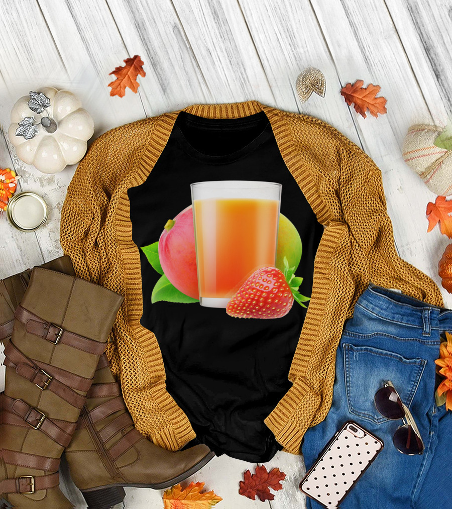 Strawberry Mango Smoothie Delight with Illustrated Fresh Fruits T-Shirt