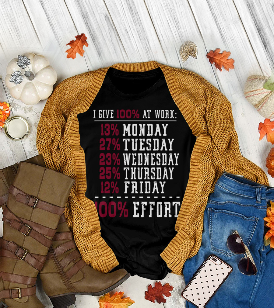 I Give 100% At Work: 13% Monday 27% Tuesday 23% Wednesday 25% Thursday 12% Friday 100% Effort T-Shirt
