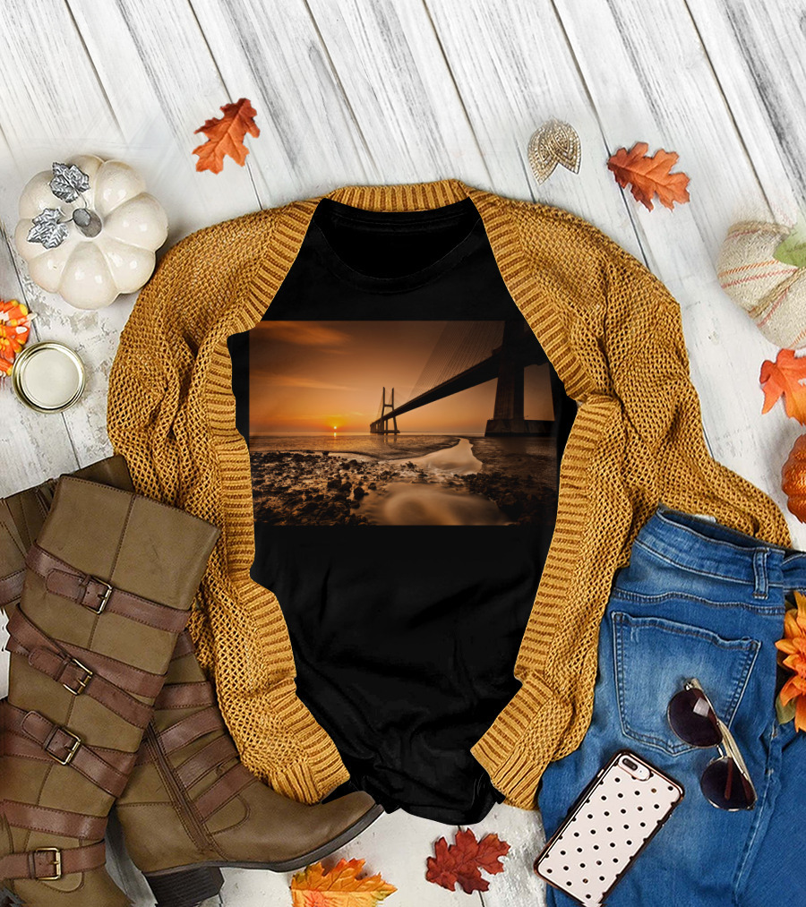 Morning Star Sunrise Over Bridge and Waterway Scene T-Shirt