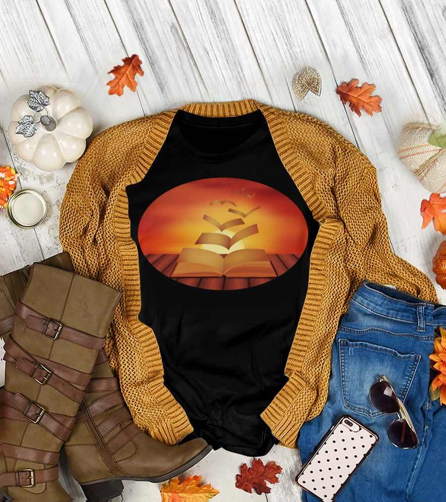 Open Book with Flying Pages at Sunset T-Shirt