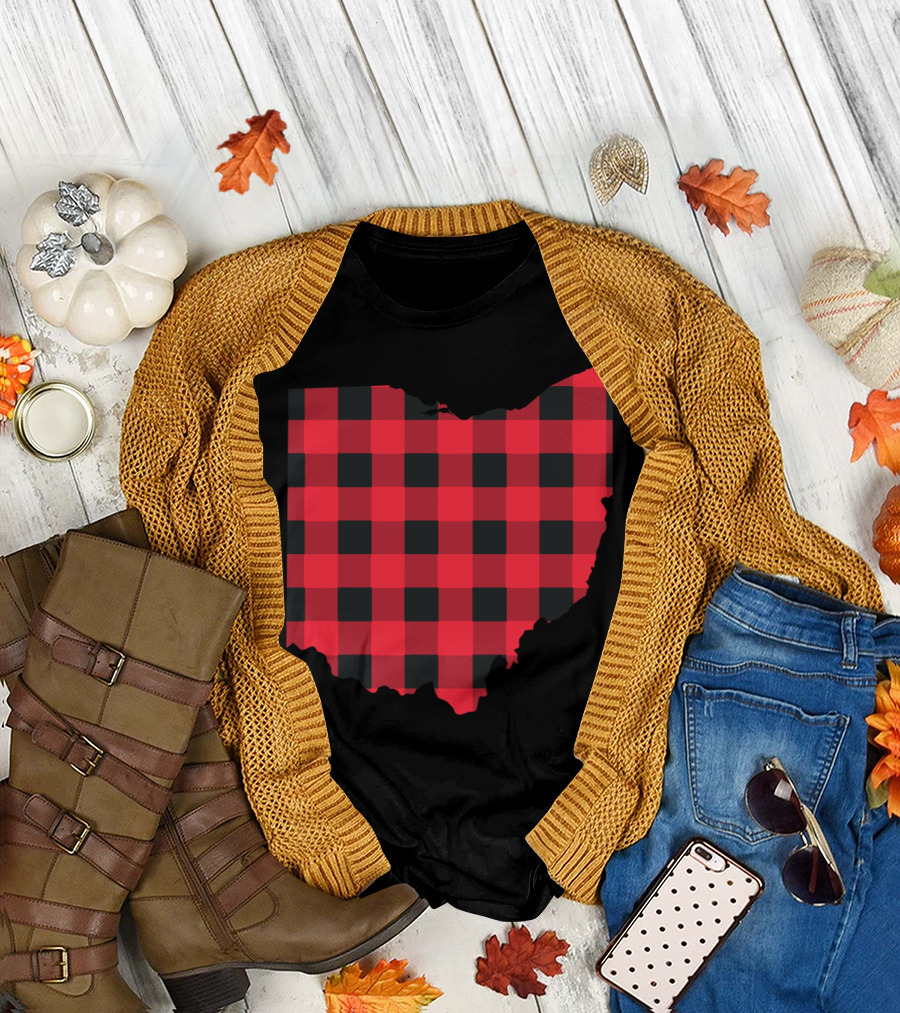 Red and Black Checkered Ohio Buffalo Plaid State Shape T-Shirt