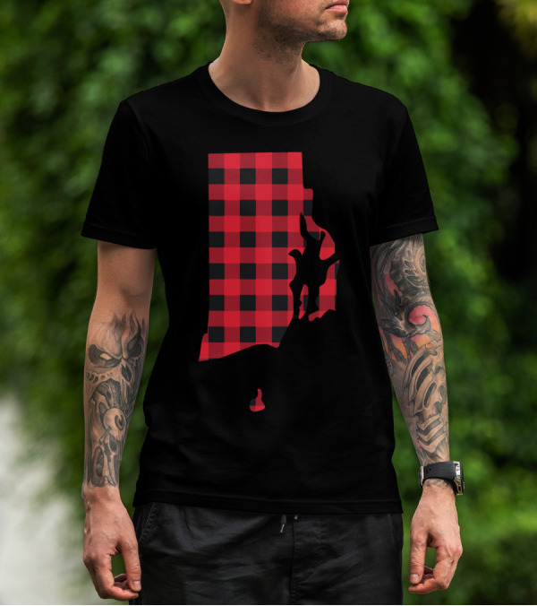Red And Black Checkered Rhode Island Plaid State Silhouette With Rock Climber T-Shirt