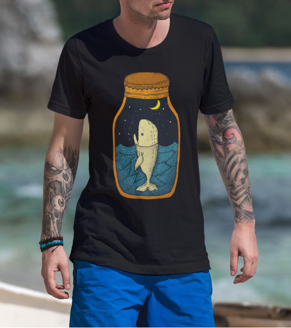 Whale In The Bottle Under Starry Night Sky With Crescent Moon In Ocean Jar T-Shirt