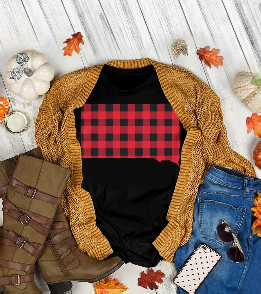 Red And Black Checkered South Dakota Map T-Shirt