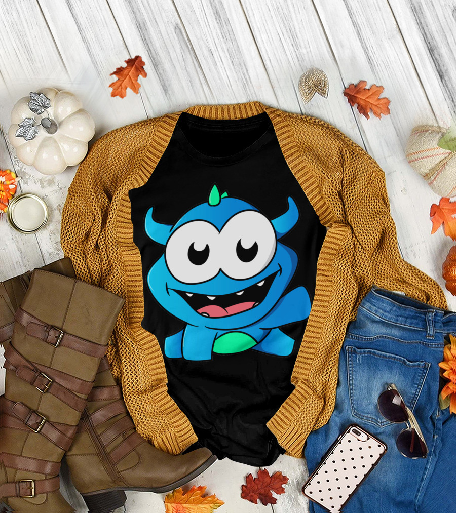 Little Blue Cartoon Dragon Character with Horns and Big Eyes T-Shirt