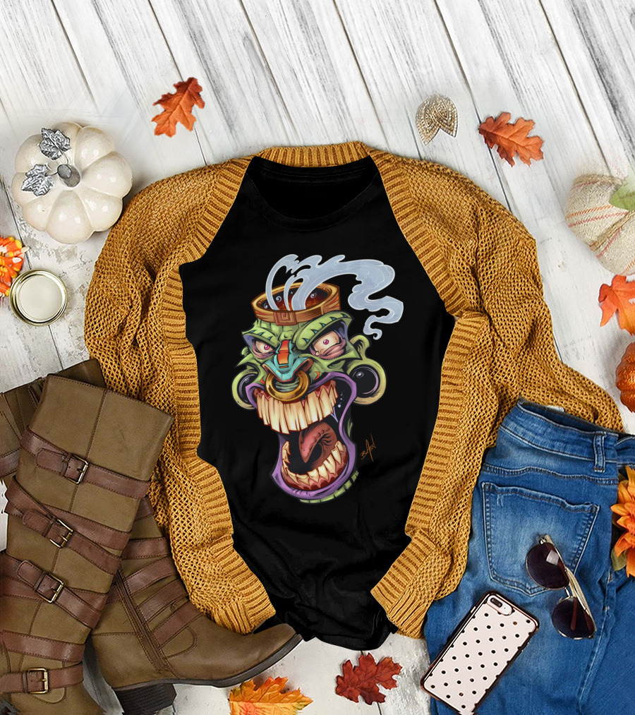 Screaming Tiki Head Smoking Colorful Cartoon T-Shirt