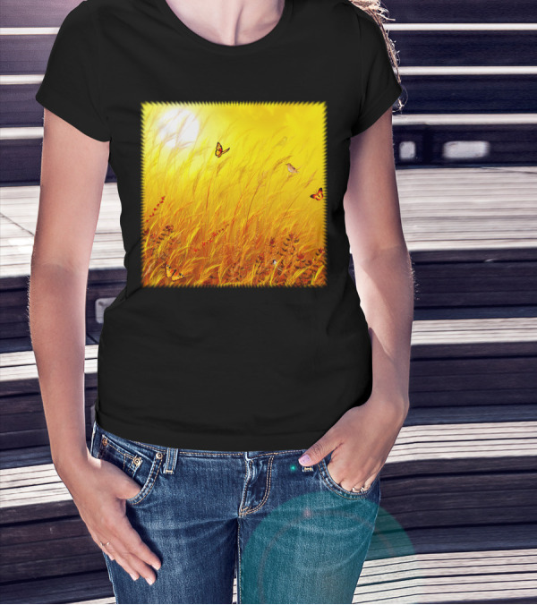 Field Of Grass Dream Butterflies And Sunlit Meadow Scene T-Shirt