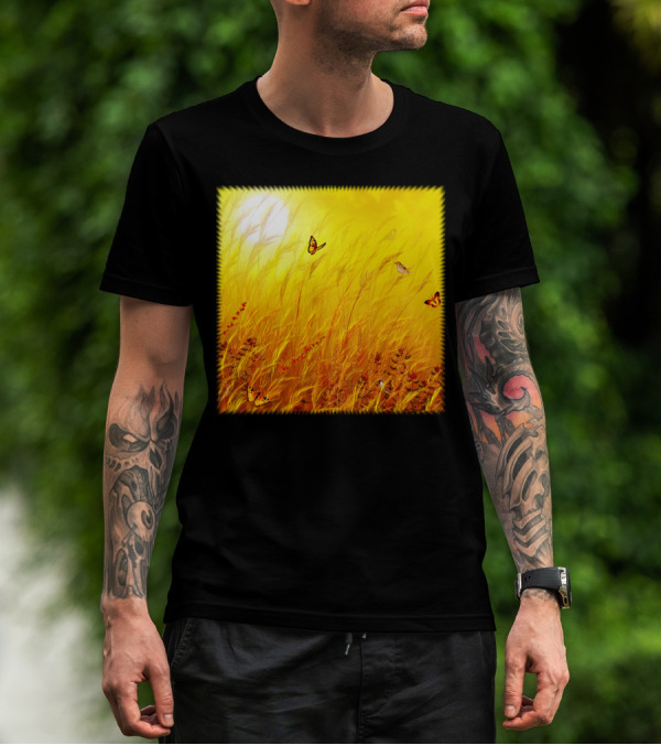 Field Of Grass Dream Butterflies And Sunlit Meadow Scene T-Shirt