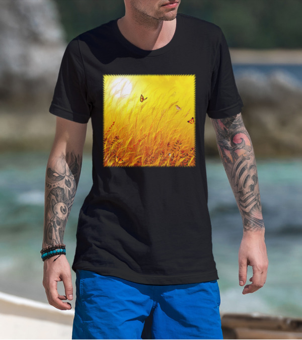Field Of Grass Dream Butterflies And Sunlit Meadow Scene T-Shirt