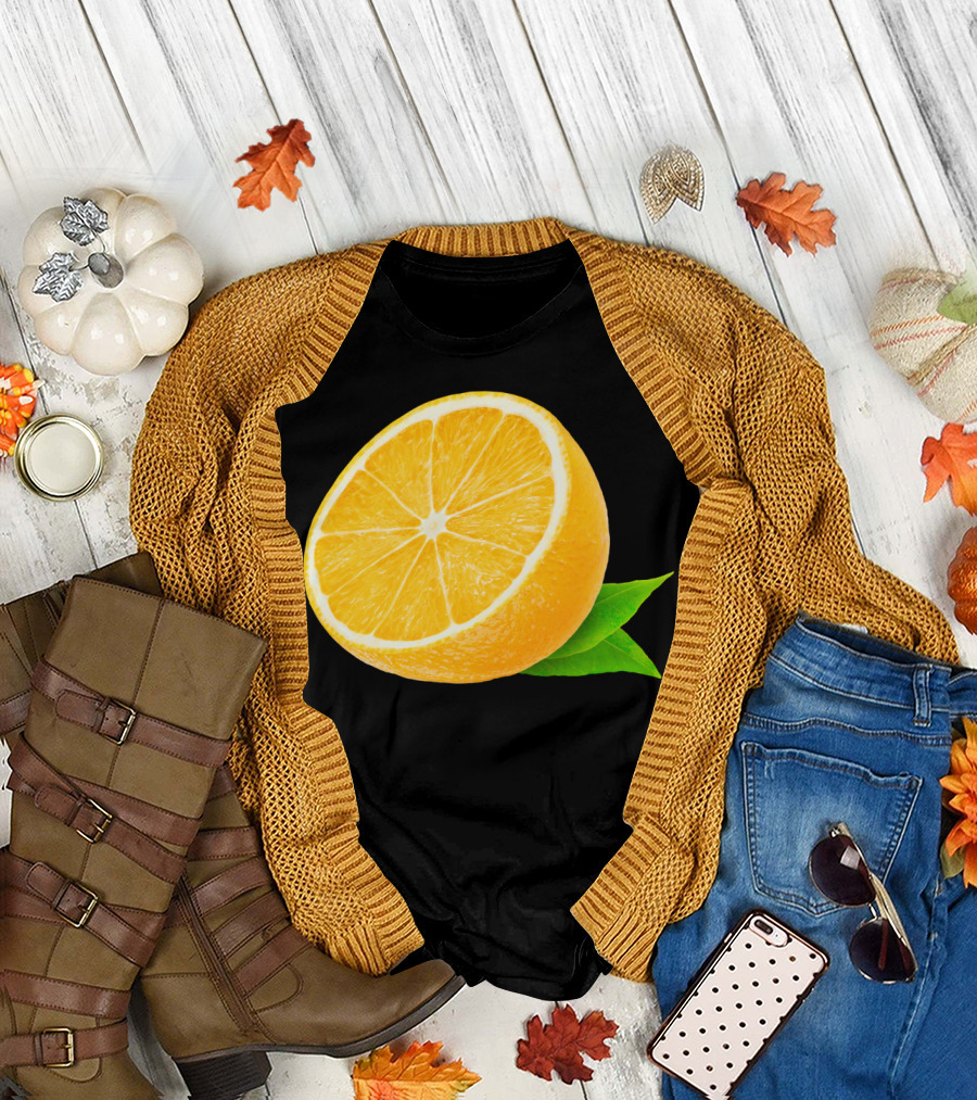 Orange Fruit Half Slice with Leaves T-Shirt