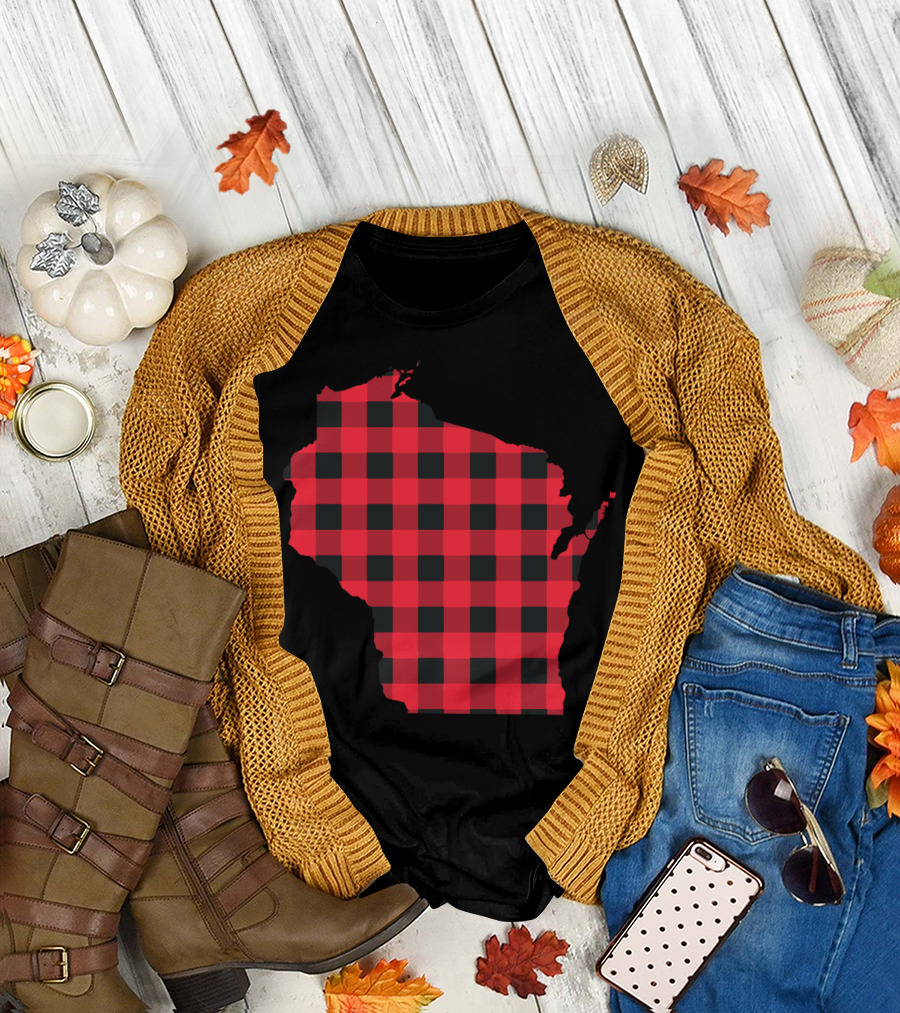 Red and Black Checkered Wisconsin State T-Shirt