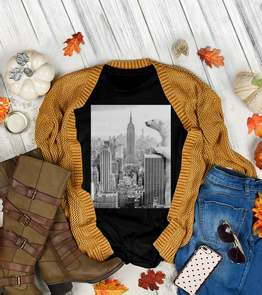 Polar Bear Overlooking Empire State amidst New York Skyline T-Shirt