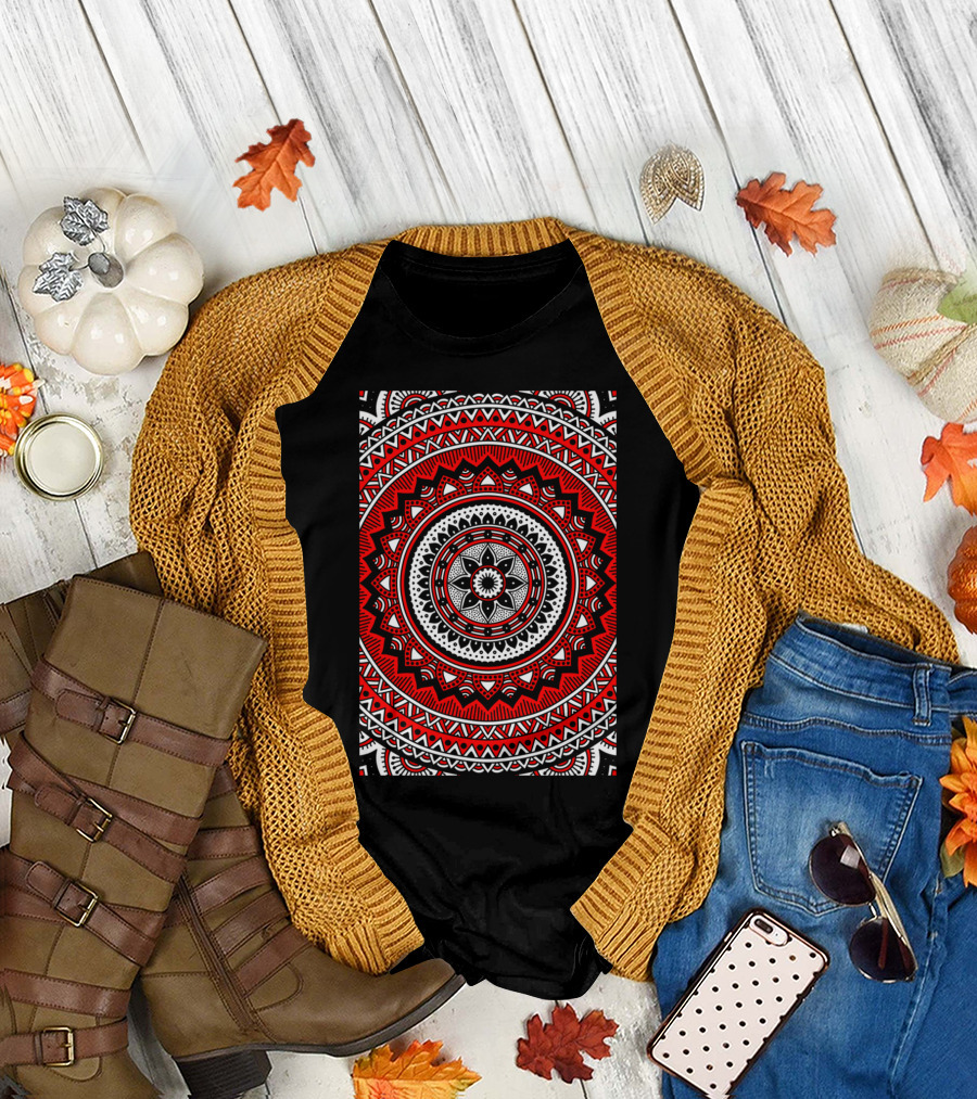 Red and Black Circular Mandala T-Shirt