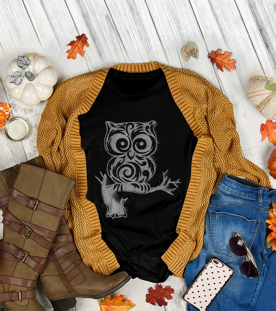 Little Owl Tribal Pattern on Branch T-Shirt