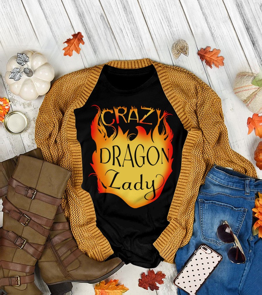 CRAZY DRAGON LADY Flame Text T-Shirt
