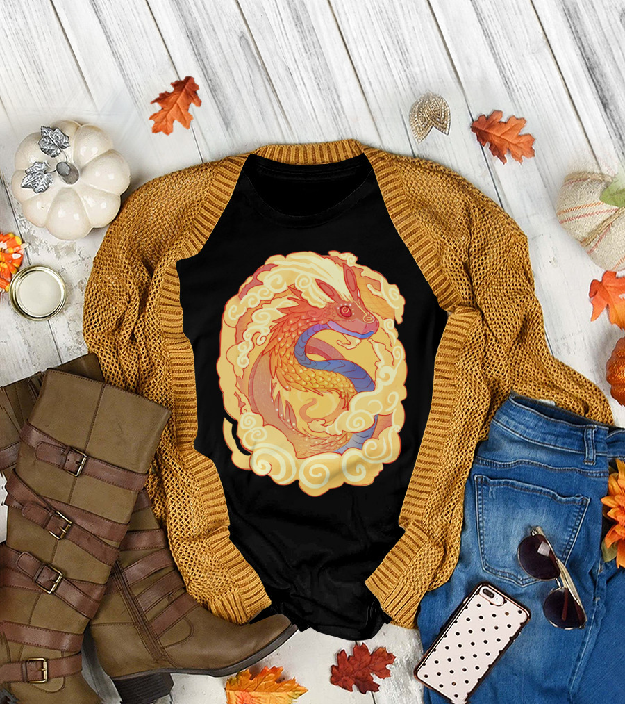 Orange Serpent Coiled In Clouds Dragon Mythical Creature T-Shirt