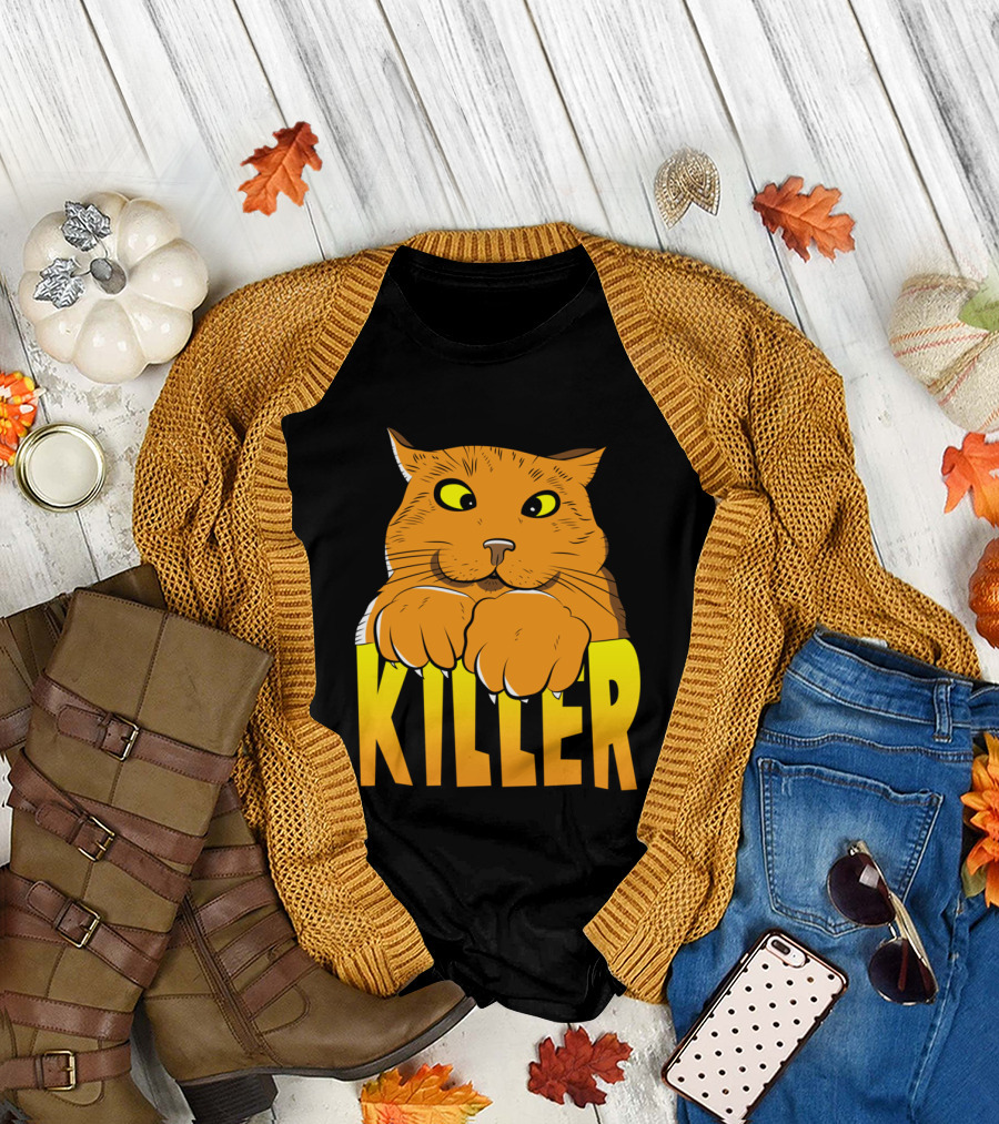 Cross Eyed Killer Cat Playfully Fierce Face T-Shirt