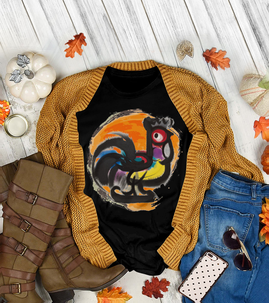 Little Rooster Vibrant Watercolor Style with Orange Background T-Shirt