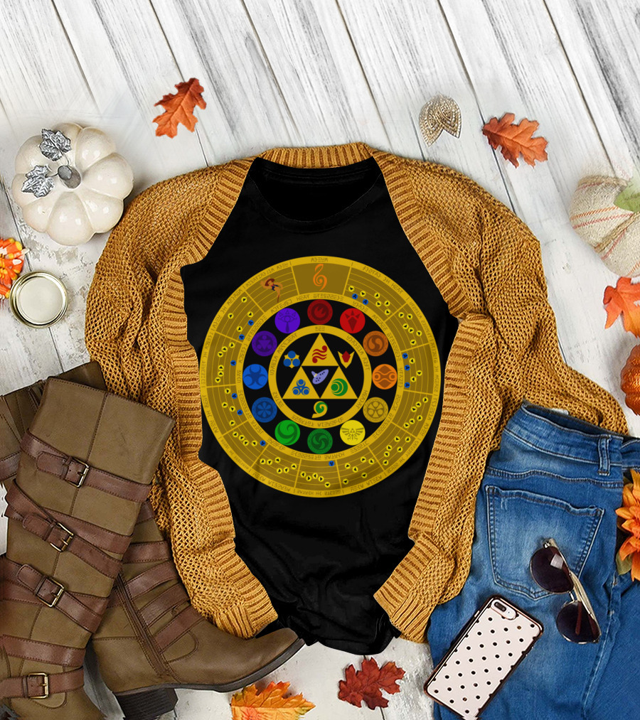 Wheel of the Hero's Journey Through Time with Triforce Symbol and Sacred Relics T-Shirt