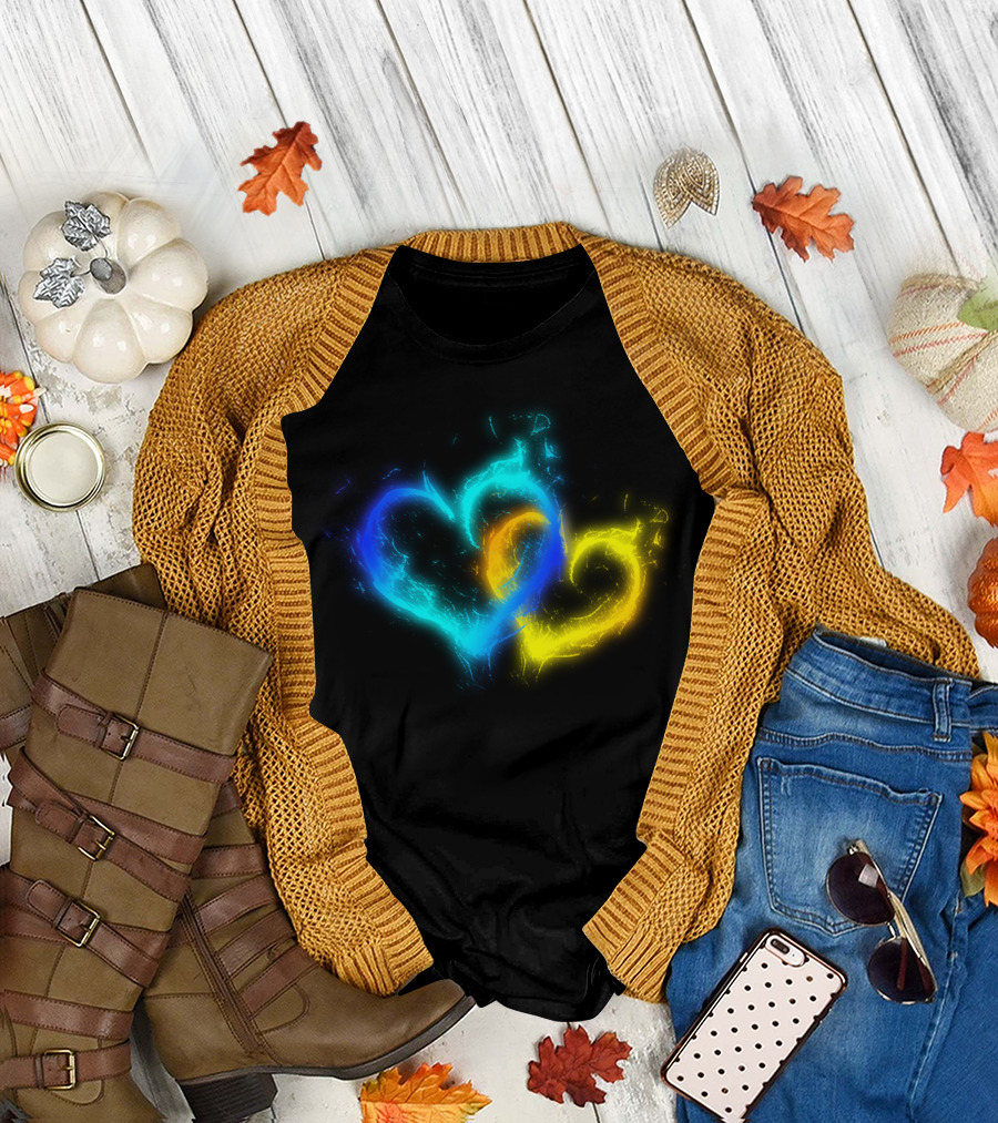 Fire And Ice Hearts Blue Yellow Glowing Flame T-Shirt