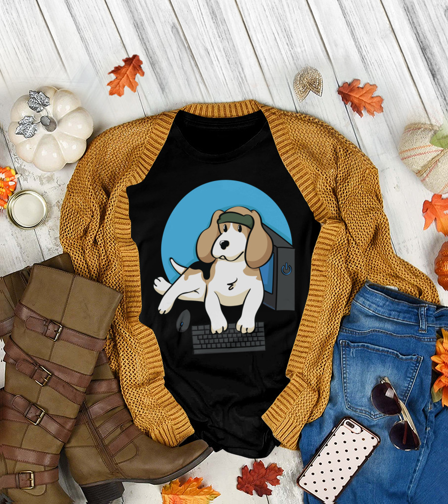 Ordinarywilliam Print Gamer Dog with Computer and Headband T-Shirt