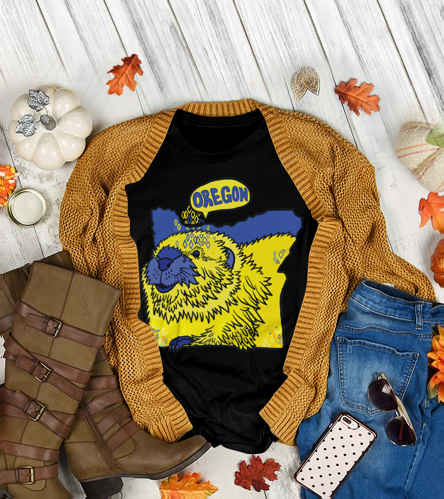 Oregon Beaver Map Art Yellow and Blue T-Shirt