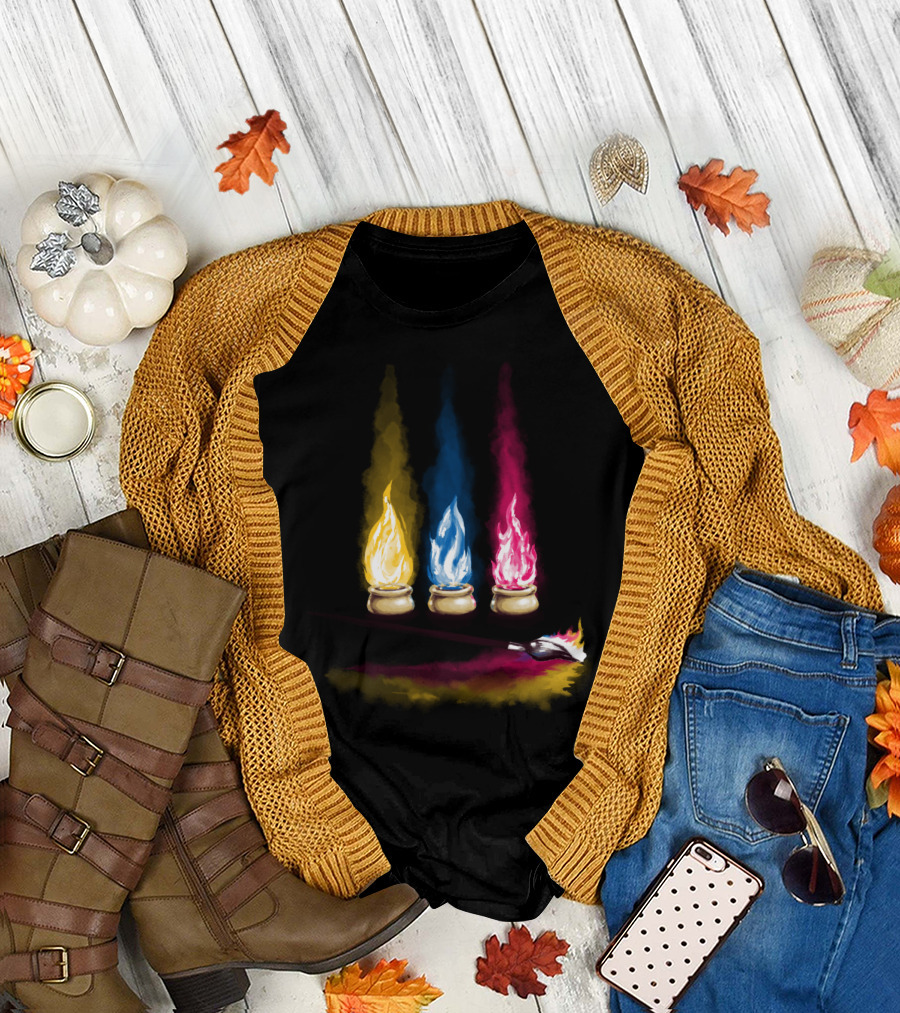 Yellow Blue Pink Flames with Watercolor Brush Strokes T-Shirt
