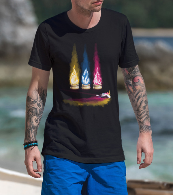Yellow Blue Pink Flames With Watercolor Brush Strokes T-Shirt