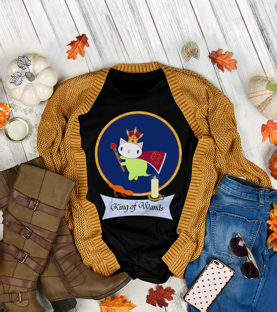 King of Wands Cute Cat in Royal Cape with Crown and Candle T-Shirt