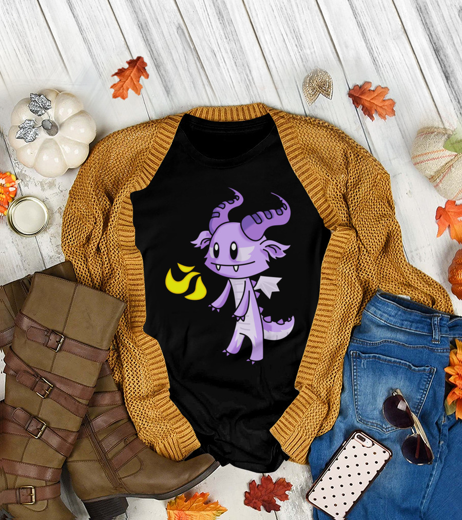 Fire Breathing Cute Purple Dragon with Horns and Flames T-Shirt