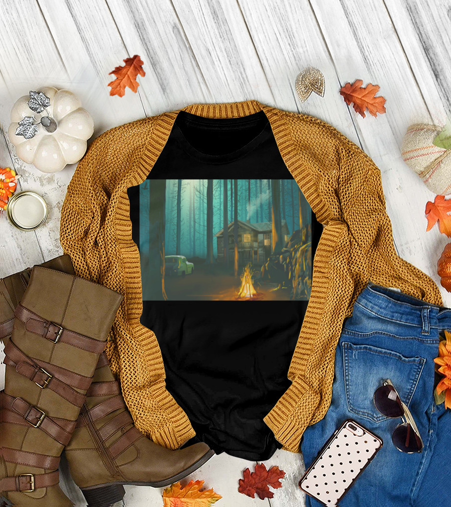 Fire by the Cabin in the Misty Forest T-Shirt