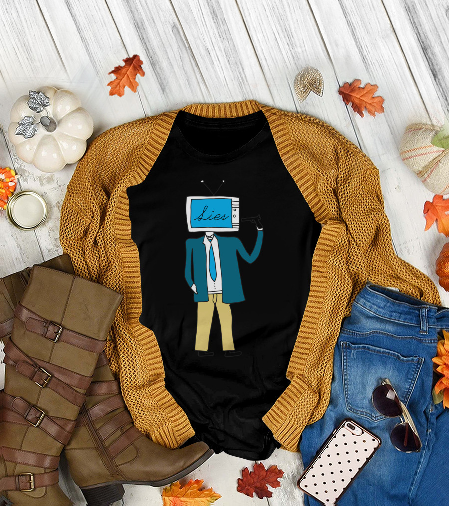 Media Lies Television Head Character with Suit and Gun T-Shirt