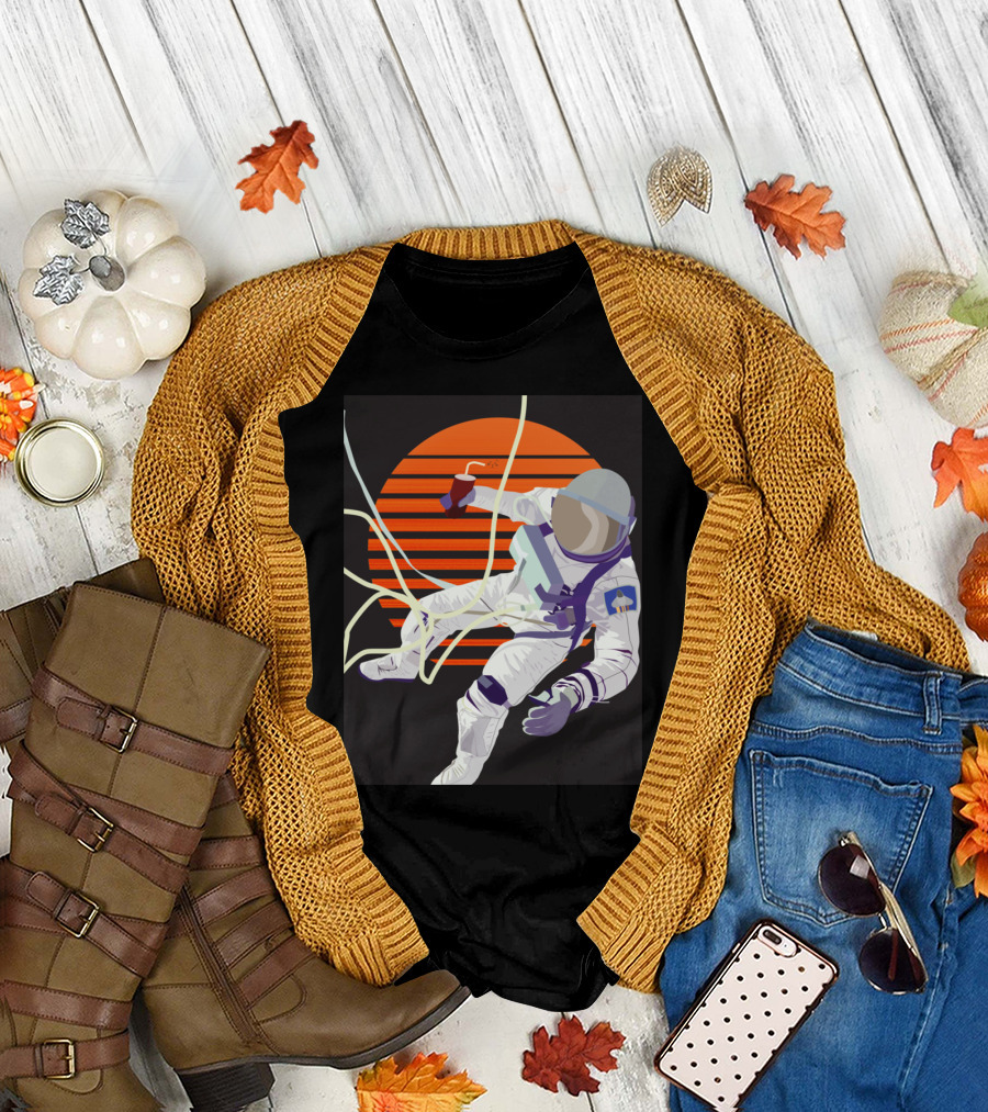 Summer Spaceman Wave Orange Sun Retro Astronaut with Soda Drink T-Shirt
