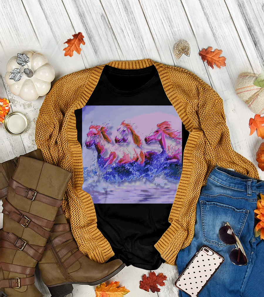 Three Horses Running Through Water Waves T-Shirt