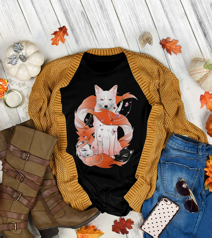 Red Kitsune Mythical Fox with Spirals and Cherry Blossoms T-Shirt