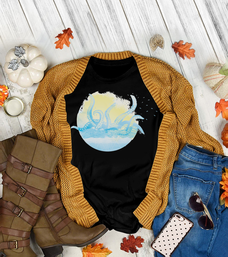 Sunrise Nautical Kraken Ocean Waves T-Shirt
